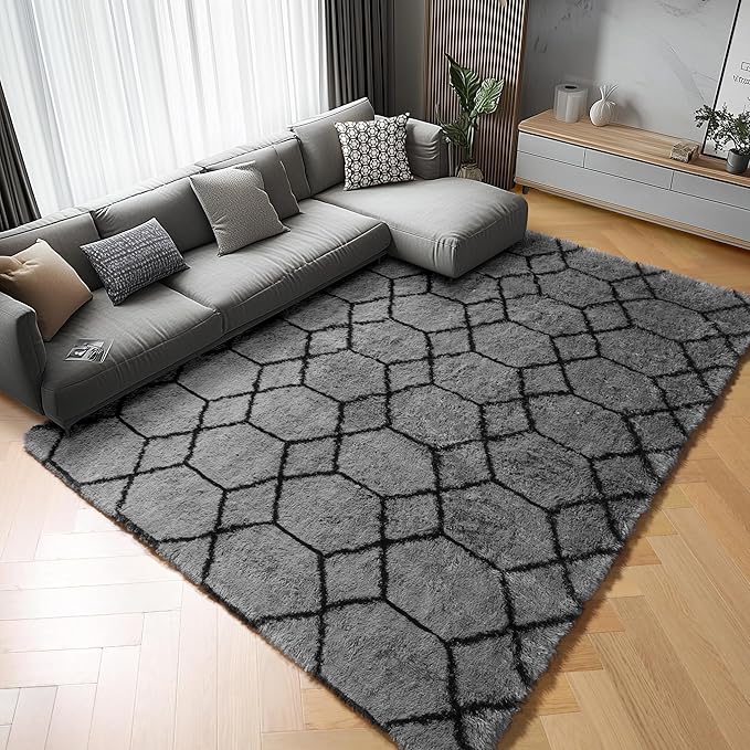 ONASAR 6x9 Area Rugs for Living Room Bedroom, Large Fluffy Grey and Black Throw Rug, Geometric Soft Plush Shaggy Fuzzy Floor Carpet for Nursery Kids Girls Boys Teen Dorm Home Office Decor Aesthetic