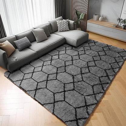 ONASAR 6x9 Area Rugs for Living Room Bedroom, Large Fluffy Grey and Black Throw Rug, Geometric Soft Plush Shaggy Fuzzy Floor Carpet for Nursery Kids Girls Boys Teen Dorm Home Office Decor Aesthetic