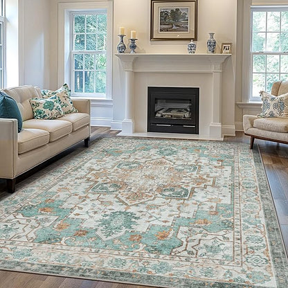 GENIMO 5x7 Area Rugs for Living Room, Machine Washable Non Slip Vintage Rugs, Low Pile Lightweight Chenille Print Rug for Bedroom, Dining Room, Home Office, Cyan