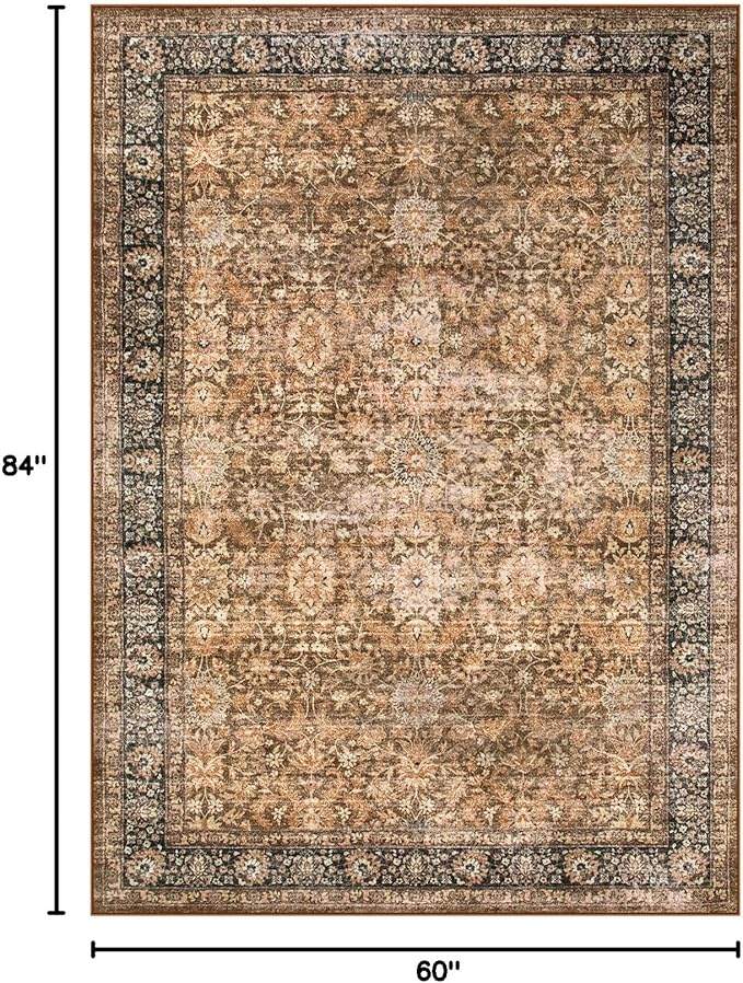 Morebes Washable Living Room Rug 5x7, Vintage Room Rugs for Bedroom Non-Slip, Soft Low-Pile Non-Shedding Dark Brown Rug Indoor Floral Print Throw Carpet for Bedside Farmhouse Dining Room