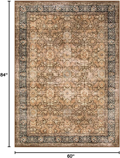 Morebes Washable Living Room Rug 5x7, Vintage Room Rugs for Bedroom Non-Slip, Soft Low-Pile Non-Shedding Dark Brown Rug Indoor Floral Print Throw Carpet for Bedside Farmhouse Dining Room