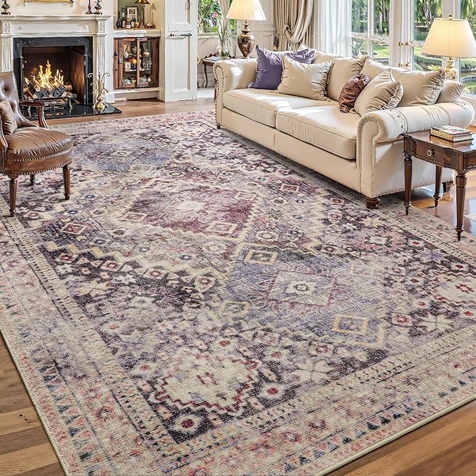 YOH Boho Washable Rug 6x9, Mauve Grey Vintage Non Slip Area Rug, Distressed Indoor Carpet for Living Room Bedroom Kitchen Office