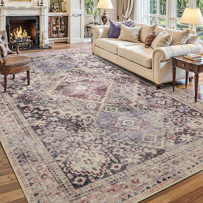 YOH Boho Washable Rug 6x9, Mauve Grey Vintage Non Slip Area Rug, Distressed Indoor Carpet for Living Room Bedroom Kitchen Office