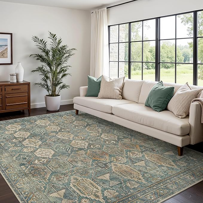 Bavni Washable Rug 8x10 Area Rug for Living Room Bedroom Dining, Washable Vintage Print Carpet, Ultra-Thin Low Pile Lightweight Rug with Non Slip Backing, Teal