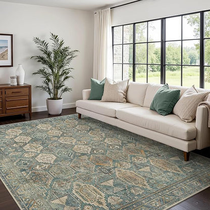 Bavni Washable Rug 8x10 Area Rug for Living Room Bedroom Dining, Washable Vintage Print Carpet, Ultra-Thin Low Pile Lightweight Rug with Non Slip Backing, Teal