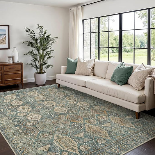 Bavni Washable Rug 8x10 Area Rug for Living Room Bedroom Dining, Washable Vintage Print Carpet, Ultra-Thin Low Pile Lightweight Rug with Non Slip Backing, Teal