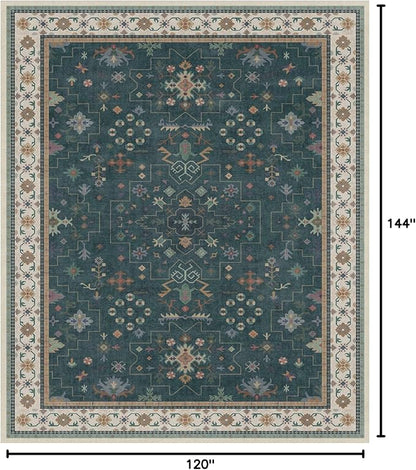 Hazo Haus Dark Green Oushak Living Room Rug 10x12 - Modern Vintage Boho Eclectic Floral Pastel, Washable Low Pile Non-Slip Extra Large Area Rugs for Dining Under Table Bedroom Lounge