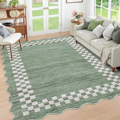 Small Bedroom Area Rug 3x5 Checkered Area Rug for Living Room Nursery Non Slip Kitchen Throw Carpet Low Pile Modern Bordered Rugs Washable Bathroom Mat Soft Brown Rugs for Laundry Entryway, Green
