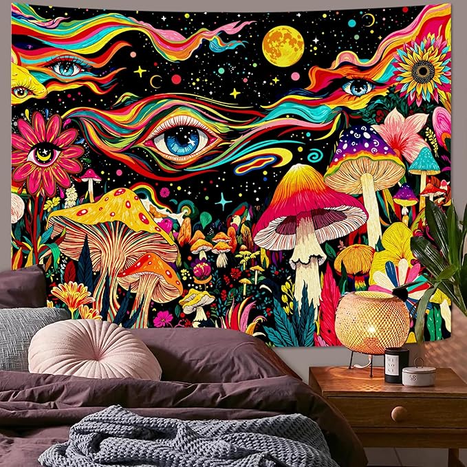 Leeisysme Colorful Hippie Abstract Tapestry, Fantasy Aesthetic Eye Mushroom Floral Wall Hanging for Bedroom Dorm Living Room Decor, 44x60 inches