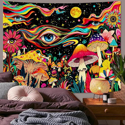 Leeisysme Colorful Hippie Abstract Tapestry, Fantasy Aesthetic Eye Mushroom Floral Wall Hanging for Bedroom Dorm Living Room Decor, 36x48 inches
