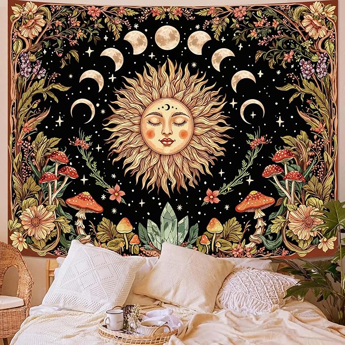Neasow Sun and Moon Mushroom Tapestry, Vintage Orange Aesthetic Wall Art, Boho Retro Floral Mystic Decor for Living Room Bedroom Home, 44x60 inches