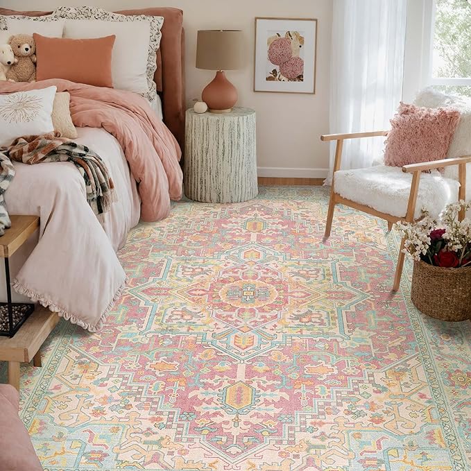 Kokia 6x9 Washable Area Rugs Blossom Pink with Vintage Orient Design Soft Rug for Living Room or Nursery Non-Slip Low Pile Stain Resistance Features Distressed Medallion Pattern