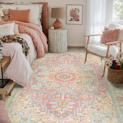 Kokia 6x9 Washable Area Rugs Blossom Pink with Vintage Orient Design Soft Rug for Living Room or Nursery Non-Slip Low Pile Stain Resistance Features Distressed Medallion Pattern