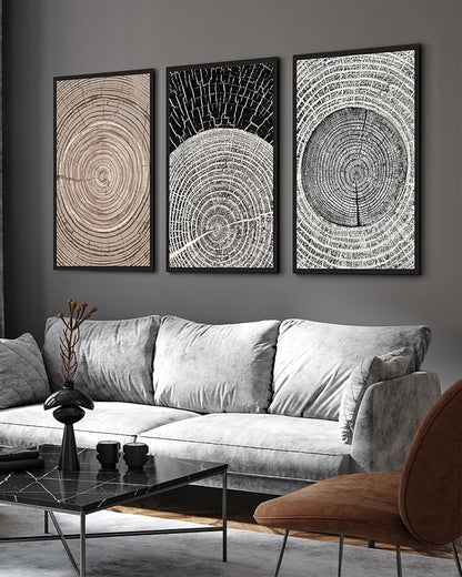 PHOPAGO Vintage Wood Tree Rings Wall Art Large 24x36in Farmhouse Rustic Framed Canvas Paintings Living Room Bedroom Decor Nature Artwork Black Framed