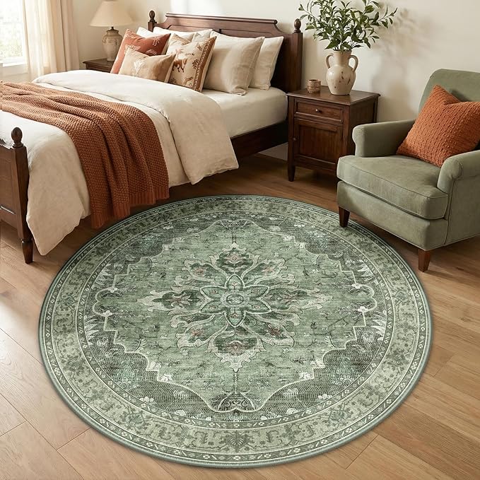 RELEANY Area Rugs Round 5ft Washable Non-Slip, Floral Vintage Distress Print Pattern Medallion Carpet for Living Room Bedroom Dining Room, Dark Green Gray