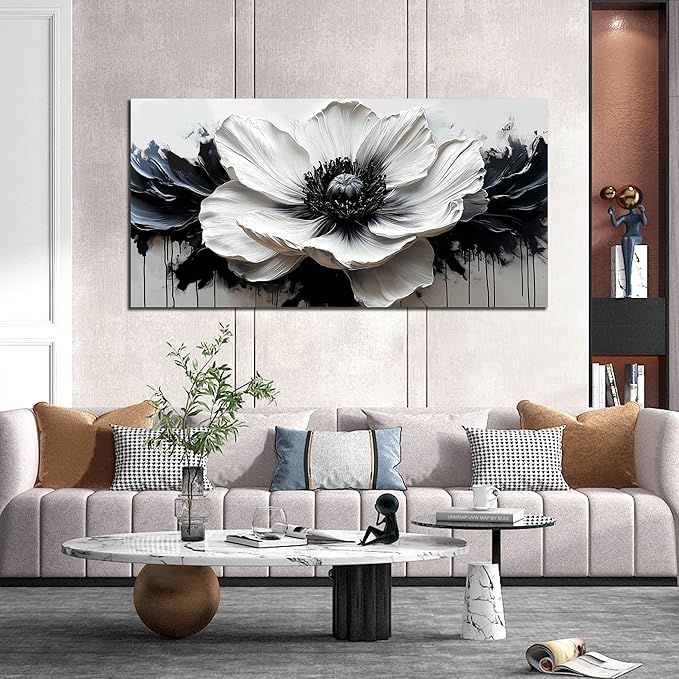 HUBOSKN Flower Canvas Wall Decor Living Room - Black and White Pictures Wall Art for Bedroom Women - Fashion Art Wall Decor Office Size 24" x 48"