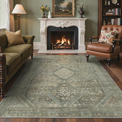 GENIMO 8x10 Area Rugs for Living Room, Machine Washable Non Slip Rugs, Low Pile Lightweight Vintage Print Rug for Bedroom, Dining Room, Home Office, Sage/Blue