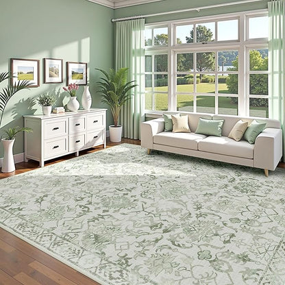 Deerly Sage Extra Large Area Rug 10x14 for Living Room, Distressed Washable Rug for Dining Room Bedroom, Anti-Slip Low-Pile and Soft Accent Rug Farmhouse Office Home Decor Light Green