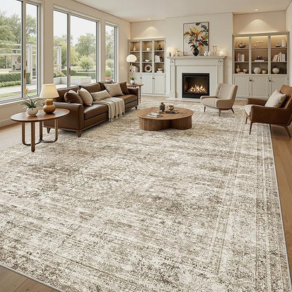 Soalmost 12x15 Washable Area Rug Brown Neutral Abstract Living Room Large Carpet Non Slip Bedroom Indoor Office Dining Room Low Pile Thin Rug
