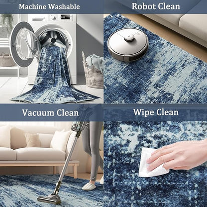9x12 Area Rug Living Room Rugs - Washable Rug Large Modern Abstract Soft Thin Carpets Indoor Floor No Slip Vintage Carpet for Bedroom Under Dining Table Nursery Home Office Decor Deep Blue