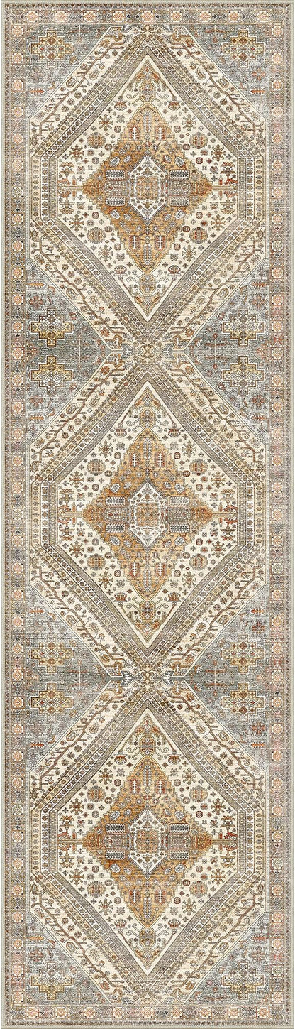 Bavni Runner Rug 2x10 Kitchen Rugs for Hallways Entryway, Washable Vintage Print Carpet, Ultra-Thin Chenille Low Pile Lightweight Rug with Non Slip Backing, Tan/Grey