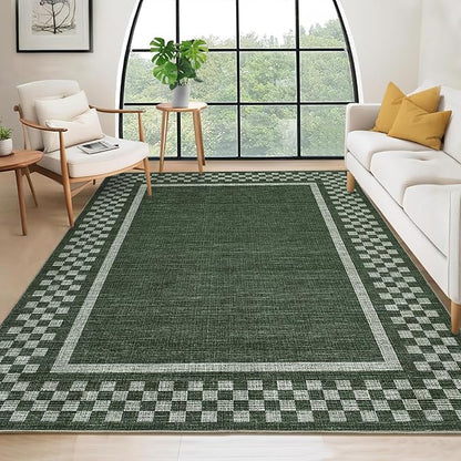 GarveeHome Modern Bordered 8x10 Area Rugs for Living Room Bedroom Soft Washable Large Bedroom Throw Carpet Non Slip Checkered Geometric Rugs for Dining Room Home Decor Office, Green