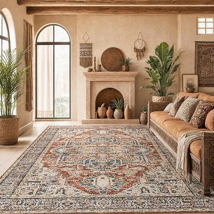 AMADA HOMEFURNISHING 5x7 Area Rugs, Washable Living Room Rug Low-Profile with Non-Slip Backing & Durable Edge Binding, Vintage 5x7 Rugs for Living Room, Bedroom, Dinning Room