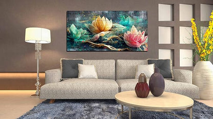 Lotus Flower Wall Art for Living Room, Floral Canvas Picture Print for Bedroom, Vintage Artwork Decor for Home, Stretched and Framed Ready to Hang, Size 48x24 Inches
