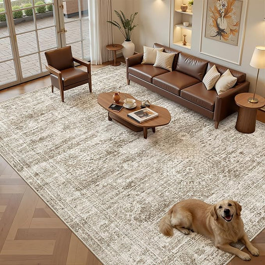 Soalmost 7x10 Area Rug for Living Room Washable Abstract Vintage Soft Thin Indoor Floor Non-Slip Carpet for Bedroom Dining Room Brown