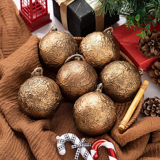Suncalla 6 Pcs Farmhouse Christmas Ball Ornaments 3.15'' Vintage Antique Gold Christmas Tree Decor Rustic Distressed Neutral Ornaments with Loop Shatterproof Hanging Ball for Farmhouse Xmas Decor