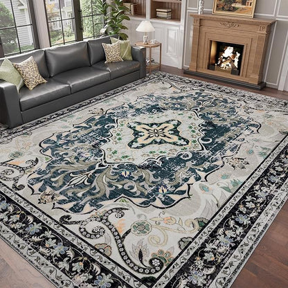 RUSHUFFY 8x10 Washable Area Rugs for Living Room, Non-Slip Large Boho Vintage Retro Print Pattern Carpet for Bedroom Dorm Dining Room Farmhouse Nursery Home Office, Slate Blue & Beige