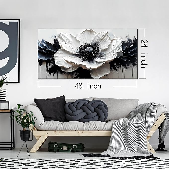 HUBOSKN Flower Canvas Wall Decor Living Room - Black and White Pictures Wall Art for Bedroom Women - Fashion Art Wall Decor Office Size 24" x 48"