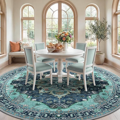 RELEANY Area Rugs Round 10ft Washable Non-Slip, Floral Vintage Distress Print Pattern Medallion Carpet for Living Room Bedroom Dining Room, Teal Green Lake Blue Turquoise