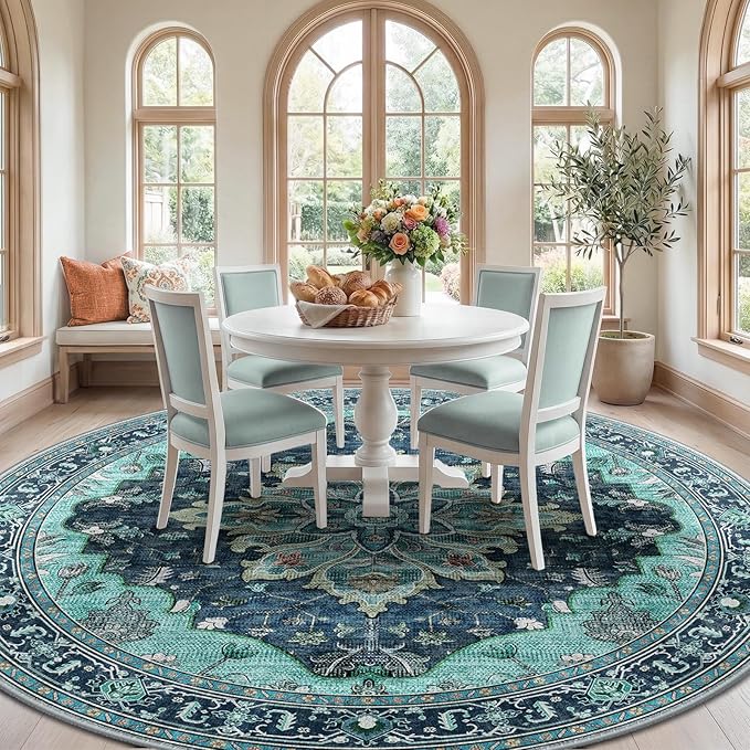 RELEANY Area Rugs Round 8ft Washable Non-Slip, Floral Vintage Distress Print Pattern Medallion Carpet for Living Room Bedroom Dining Room, Teal Green Lake Blue Turquoise