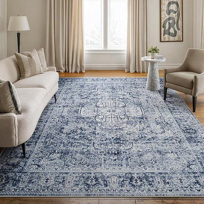 Bloom Rugs Washable Non-Slip 8' x 10' Rug - Ivory/Denim Blue Traditional Medallion Area Rug for Living Room, Bedroom, Dining Room, and Kitchen - Exact Size: 8' x 10'