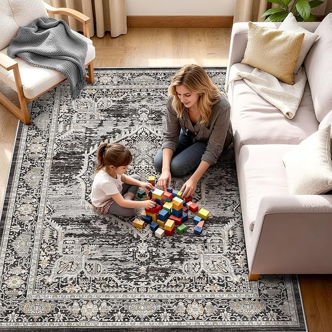 Washable Area Rugs 5x6 Entryway: Soft Ultra Thin Low Pile Mat Machine Washable Indoor Doormat Lightweight Entry Rug Anti Slip Backing Rugs for Living Room Bedroom Kitchen 5'x6' Black