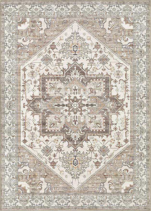 10x14 Area Rug for Living Room- Machine Washable Soft Oriental Vintage Large Indoor Floor Carpet for Bedroom Under Dining Table Home Office Decor - Beige Brown