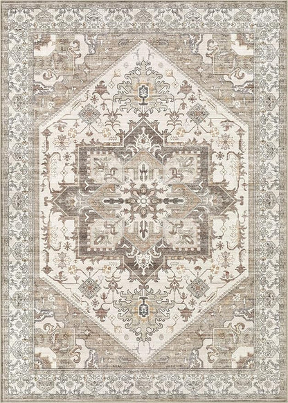 9x12 Area Rug for Living Room- Machine Washable Soft Oriental Vintage Large Indoor Floor Carpet for Bedroom Under Dining Table Home Office Decor - Beige Brown