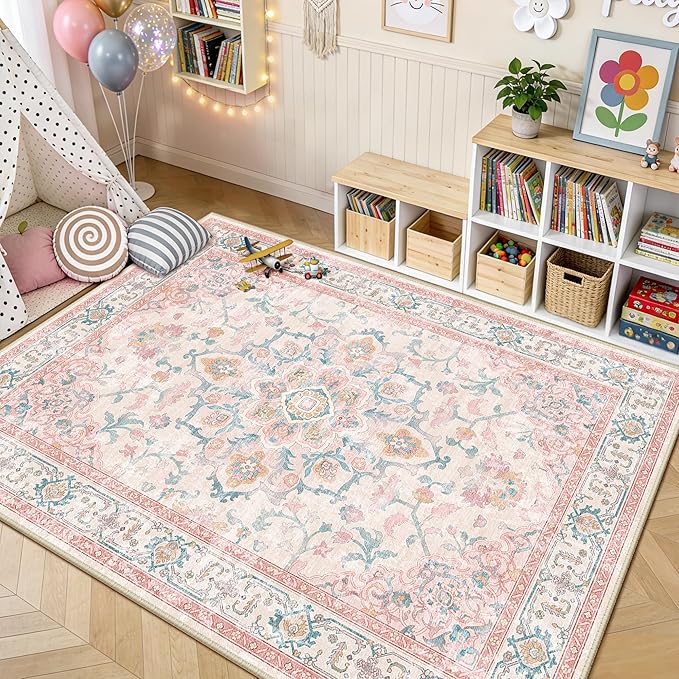 CAPALOCA Machine Washable Rugs Nursery Rug 6x9 Cute Girl Non Slip Low Pile Water Repellent Soft Print Pattern for Bedroom Indoor Decor Kids Playroom Pink Teal