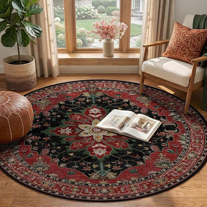 RELEANY Area Rugs Round 4ft Washable Non-Slip, Floral Vintage Distress Print Pattern Medallion Carpet for Living Room Bedroom Dining Room, Red Black