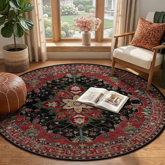 RELEANY Area Rugs Round 4ft Washable Non-Slip, Floral Vintage Distress Print Pattern Medallion Carpet for Living Room Bedroom Dining Room, Red Black