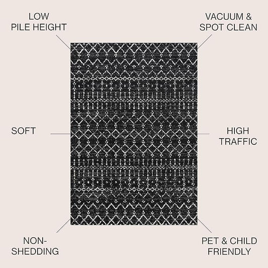JONATHAN Y Boho Vintage Diamond Black/Ivory Round Area Rug 7 ft, Moroccan Hype for Living Room, Bedroom, Kitchen, Office, Easy-Cleaning, High Traffic, Pet-Friendly, Non-Shedding (MOH101D-7R)