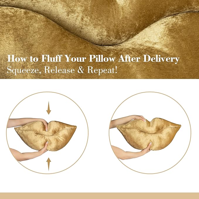 AELS 3D Lips Throw Pillows Smooth Soft Velvet Decorative Throw Pillows Love Pillows Cute Pillow 20 X 11 inches for Couch Sofa Bed Living Room Bedroom, Gold