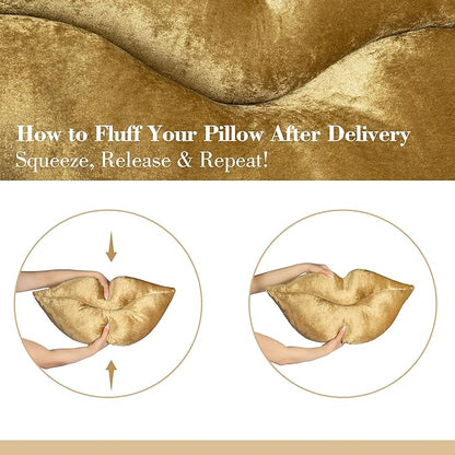 AELS 3D Lips Throw Pillows Smooth Soft Velvet Decorative Throw Pillows Love Pillows Cute Pillow 20 X 11 inches for Couch Sofa Bed Living Room Bedroom, Gold