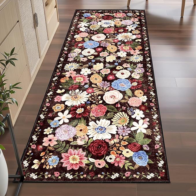 Floral Hallway Runner Rug Black/Brown Carpet Non-Slip, 2x10 Washable Ultra-Thin Soft for Hallways, Kitchen Mat Stain Resistant for Entryway Bathroom