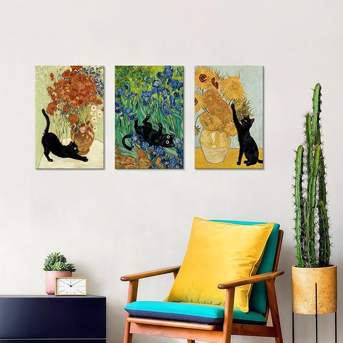 WENGTIAO 3Pcs Black Cat Wall Art Prints Vintage Van Gogh Sunflower Cat Canvas Paintings Irises Floral Pictures Flower Aesthetic Artwork for Living Room Bedroom 16”x24”x3