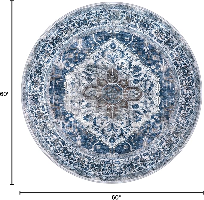 KOZYFLY Round Rug 5 Ft Rugs for Entryway Washable Circle Entrance Rug Non Slip Round Doormat Indoor Printed Faux Wool Round Front Door Mat Floor Carpet for Backdoor, Entryway, Bedroom, Blue
