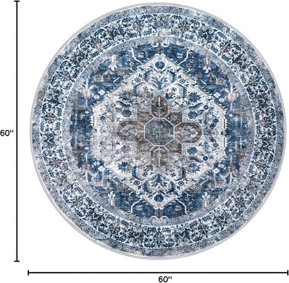 KOZYFLY Round Rug 5 Ft Rugs for Entryway Washable Circle Entrance Rug Non Slip Round Doormat Indoor Printed Faux Wool Round Front Door Mat Floor Carpet for Backdoor, Entryway, Bedroom, Blue