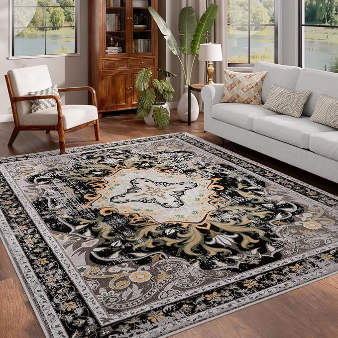 RUSHUFFY 5x7 Washable Area Rugs for Bedroom, Vintage Boho Distressed Print Pattern Rugs for Living Room, Soft Non-Slip Carpet for Indoor Dining Room Nursery Farmhouse Girls Room, Black & Gold