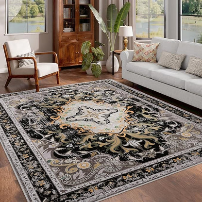 RUSHUFFY 5x7 Washable Area Rugs for Bedroom, Vintage Boho Distressed Print Pattern Rugs for Living Room, Soft Non-Slip Carpet for Indoor Dining Room Nursery Farmhouse Girls Room, Black & Gold